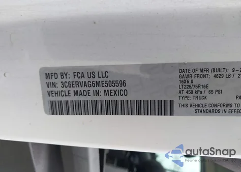 2021 Ram Promaster 1500 Low Roof 136 Wb z USA, uszkodzony, nr VIN 3C6ERVAG6ME505596